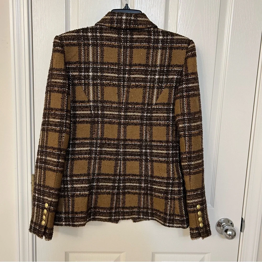 L'AGENCE Kenzie Plaid Tweed Double-Breasted Blazer in Brown / Gold Size 6 - Picture 14 of 15